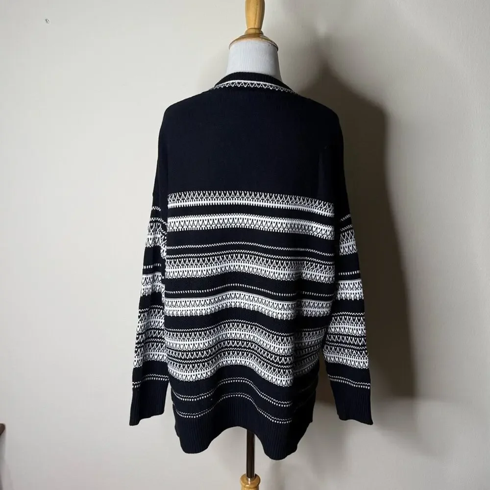 Vince Black and White Striped V-Neck Sweater